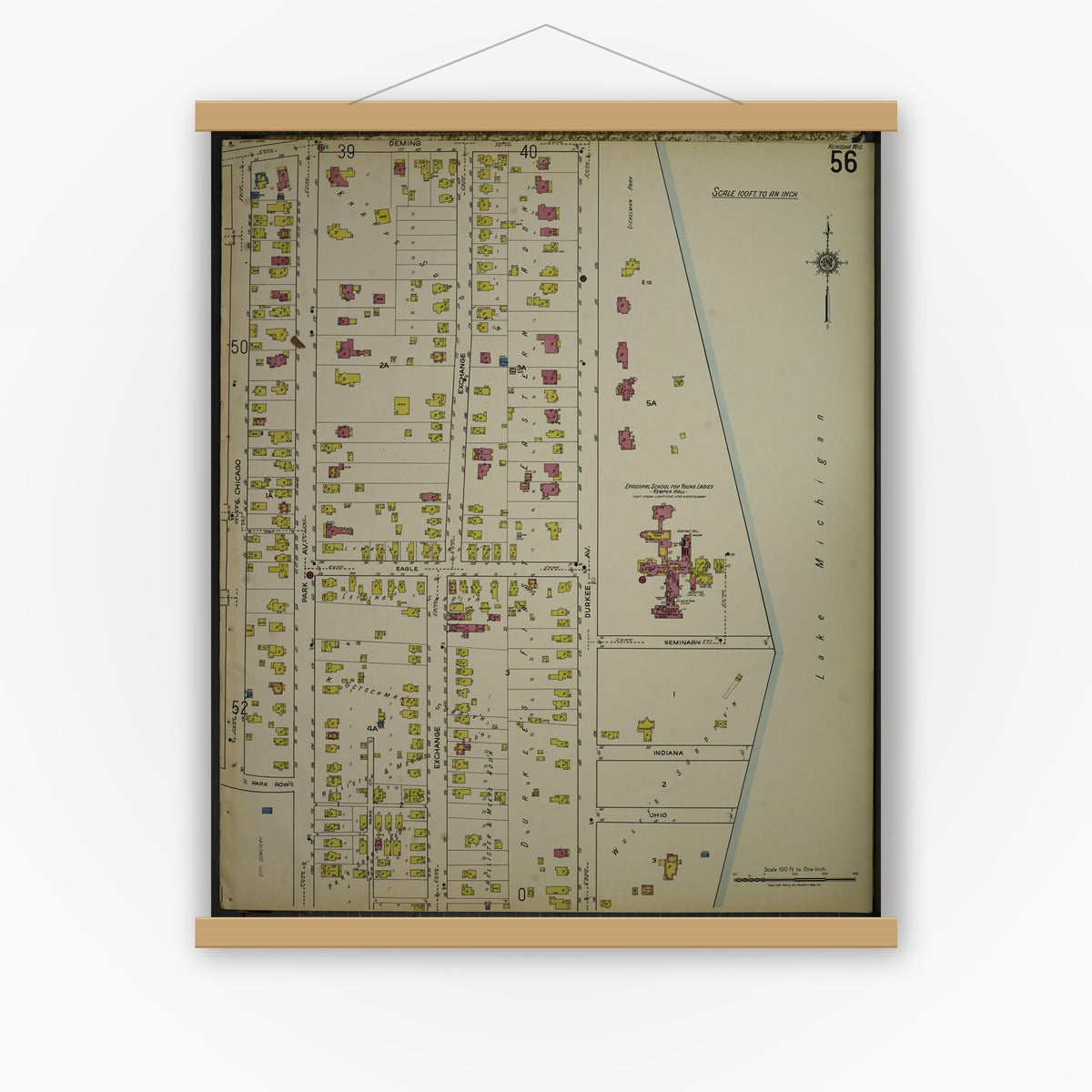 Old map wall art mockup — magnetic wood frame on white wall — Sanborn Fire Insurance Map from Kenosha, Kenosha County, Wisconsin. (1918), Sheet 60