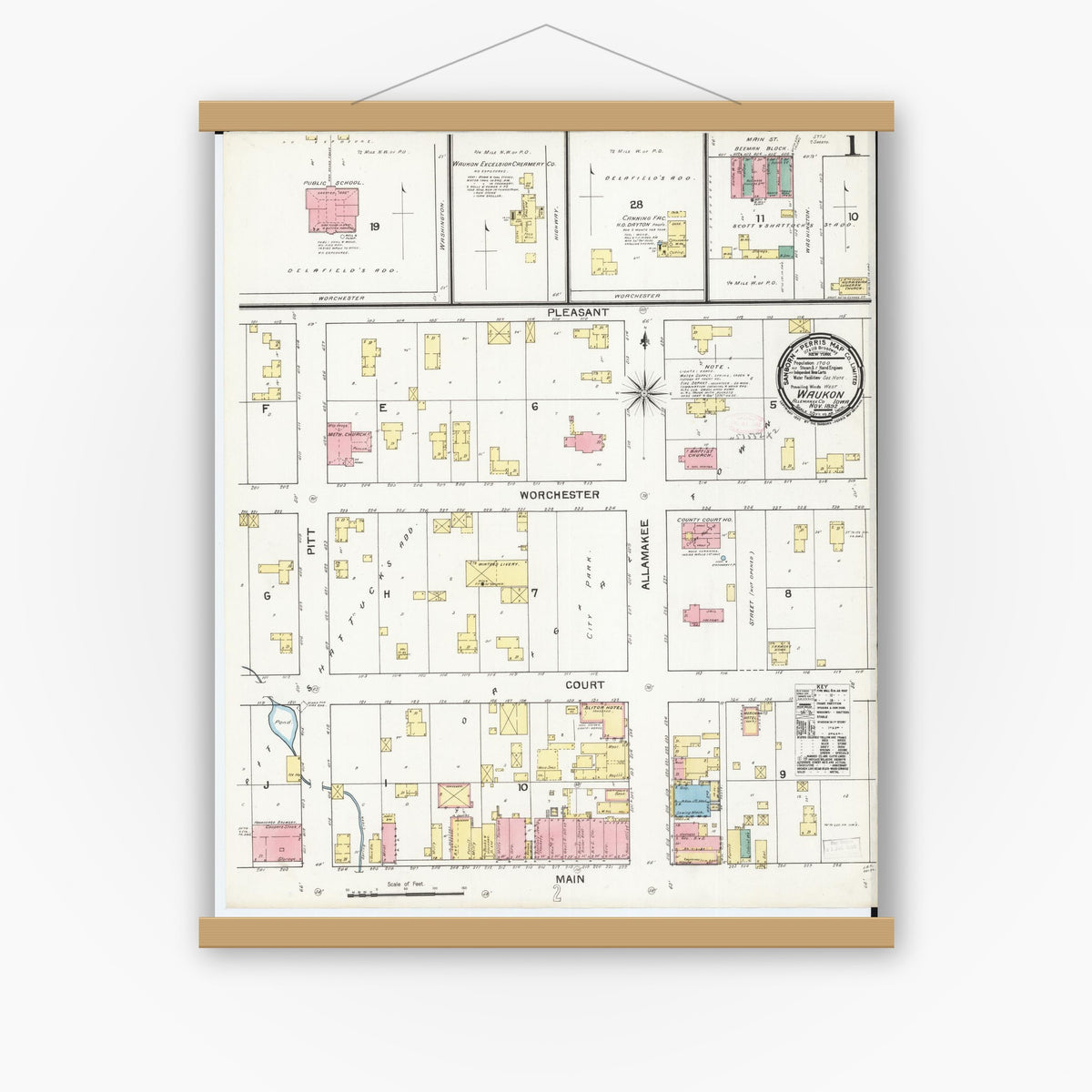 Old map wall art mockup — magnetic wood frame on white wall — Sanborn Fire Insurance Map from Waukon, Allamakee County, Iowa (1892) â€” Complete Set