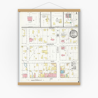 Old map wall art mockup — magnetic wood frame on white wall — Sanborn Fire Insurance Map from Waukon, Allamakee County, Iowa (1892) â€” Complete Set