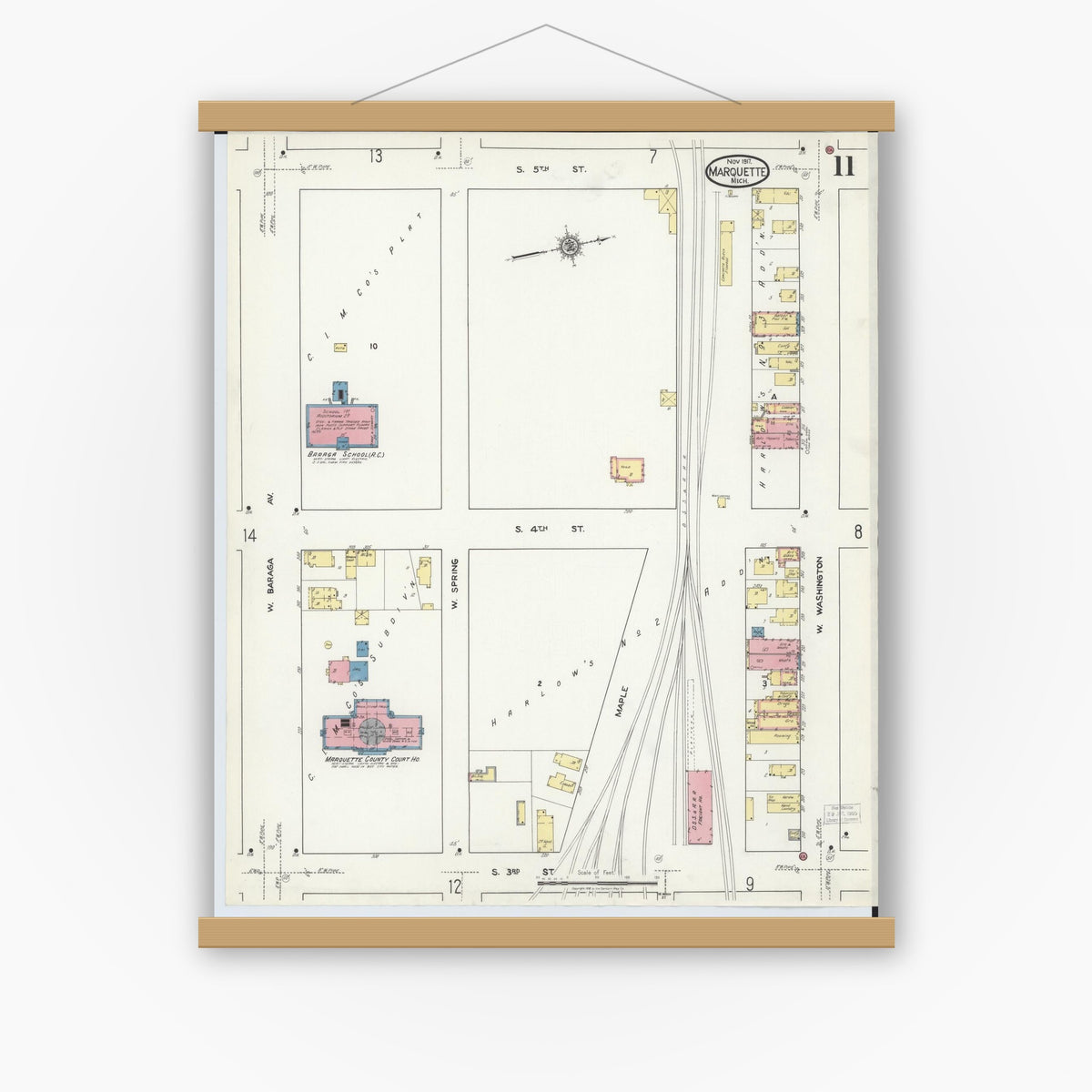 Old map wall art mockup — magnetic wood frame on white wall — Sanborn Fire Insurance Map from Marquette, Marquette County, Michigan (1917), Sheet #0011