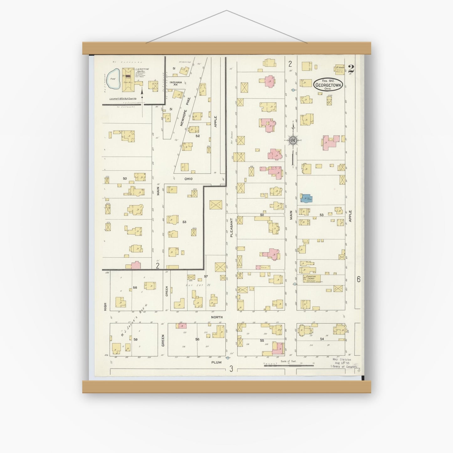 Old map wall art mockup — magnetic wood frame on white wall — Sanborn Fire Insurance Map from Georgetown, Brown County, Ohio (1912), Sheet #0002