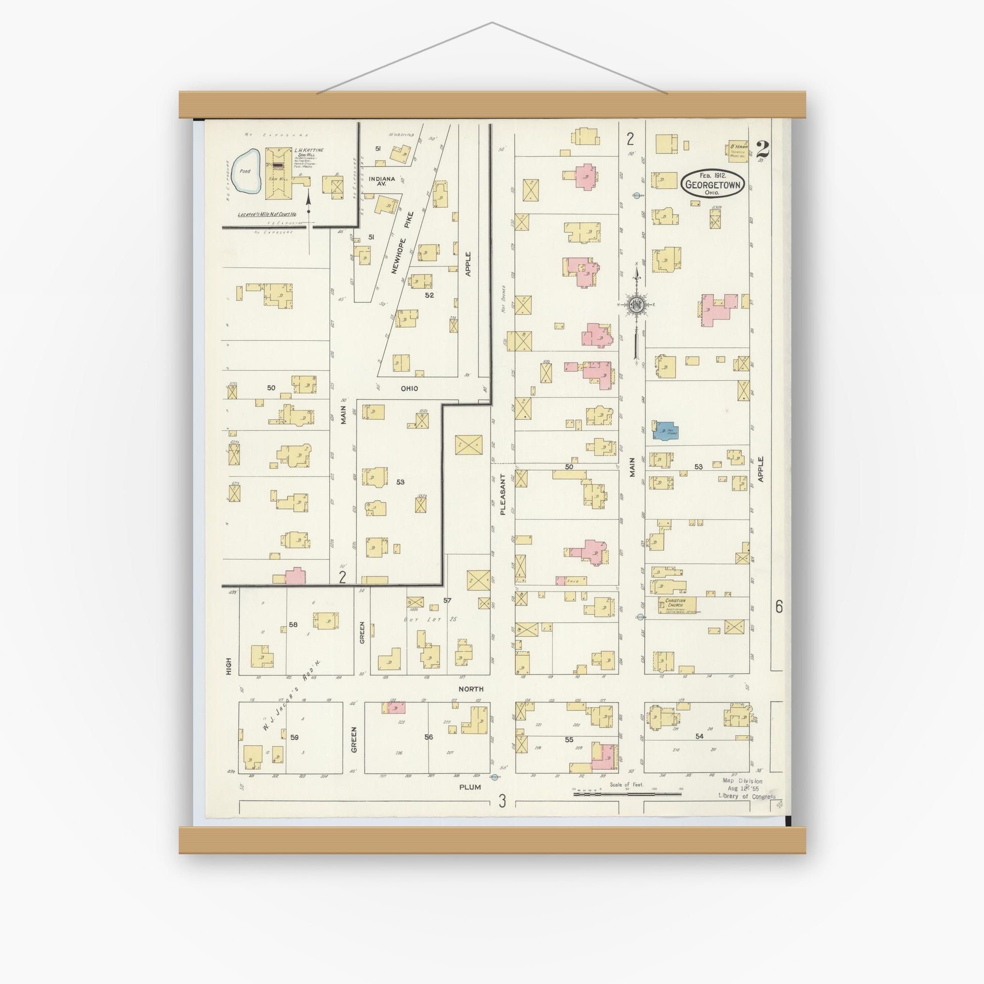 Old map wall art mockup — magnetic wood frame on white wall — Sanborn Fire Insurance Map from Georgetown, Brown County, Ohio (1912), Sheet #0002