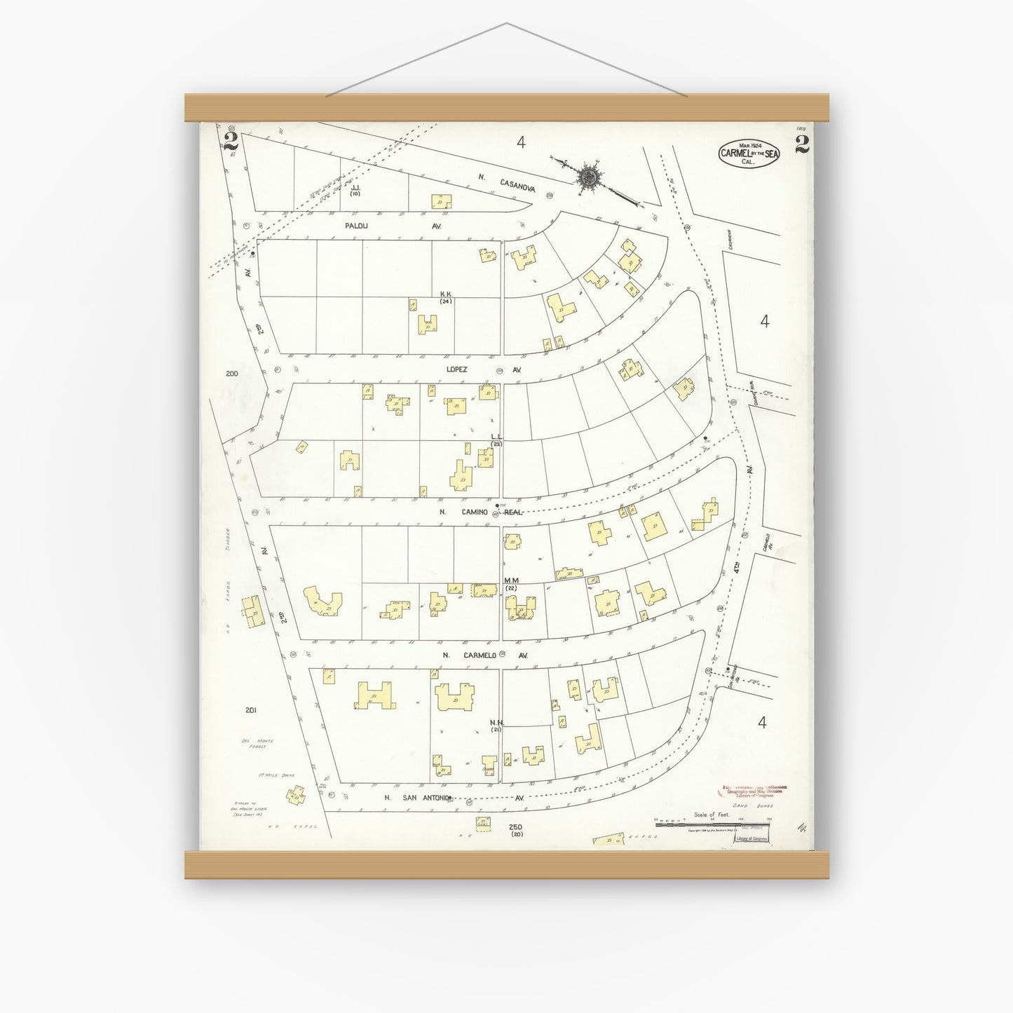 Old map wall art mockup — magnetic wood frame on white wall — Sanborn Fire Insurance Map from Carmel By The Sea, Monterey County, California (1924), Sheet #0002