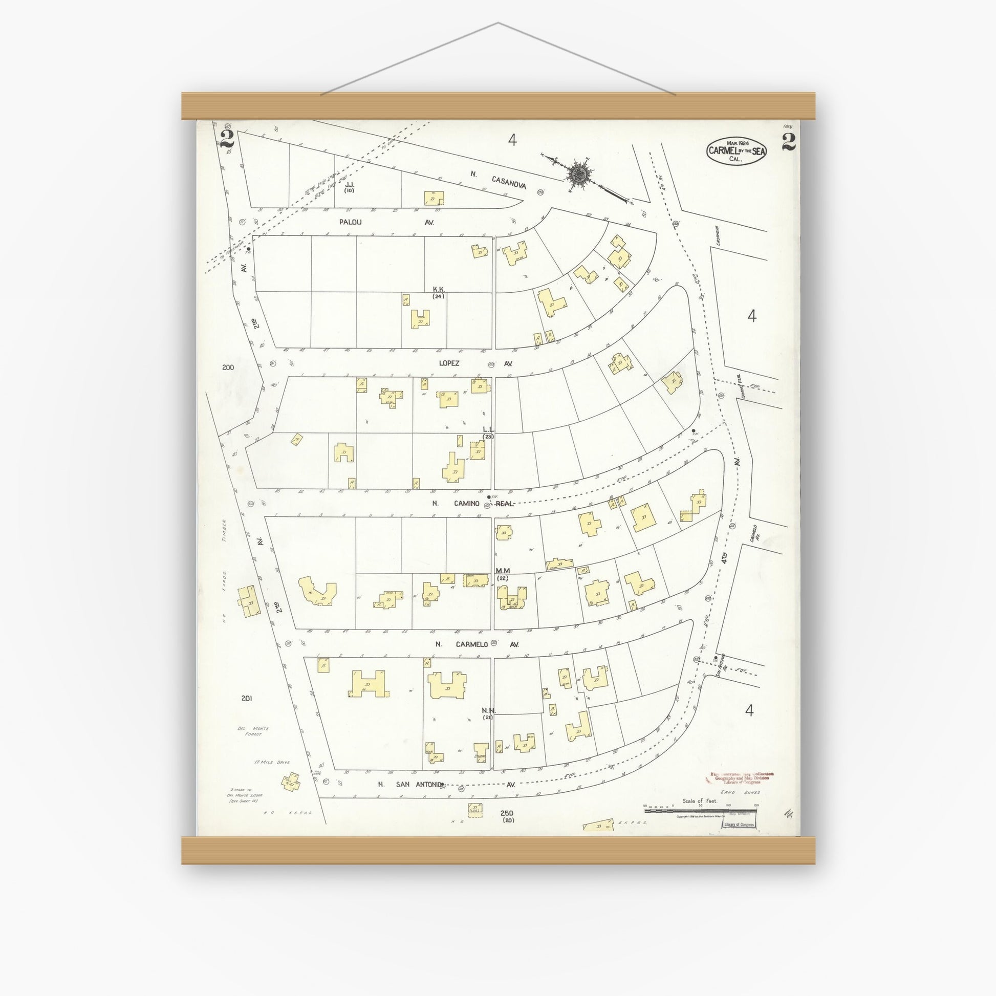 Old map wall art mockup — magnetic wood frame on white wall — Sanborn Fire Insurance Map from Carmel By The Sea, Monterey County, California (1924), Sheet #0002