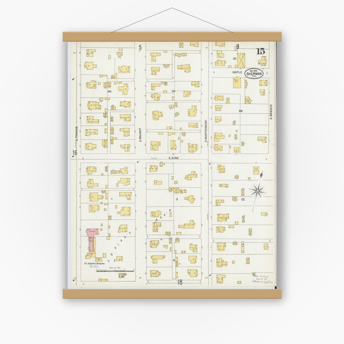 Old map wall art mockup — magnetic wood frame on white wall — Sanborn Fire Insurance Map from Sherman, Grayson County, Texas (1902), Sheet #0015