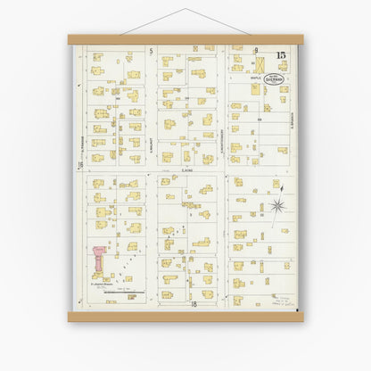 Old map wall art mockup — magnetic wood frame on white wall — Sanborn Fire Insurance Map from Sherman, Grayson County, Texas (1902), Sheet #0015