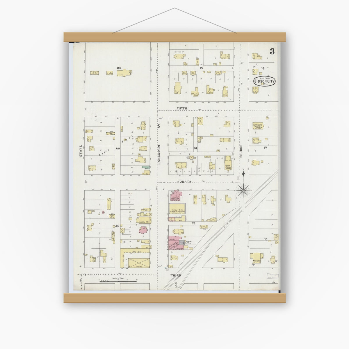 Old map wall art mockup — magnetic wood frame on white wall — Sanborn Fire Insurance Map from Gibson City, Ford County, Illinois (1894), Sheet #0003