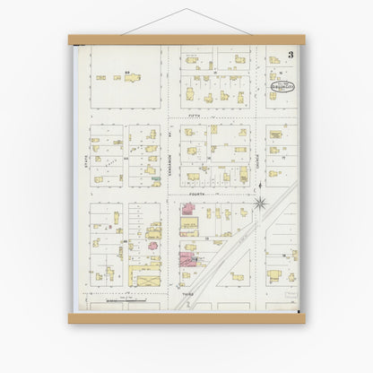 Old map wall art mockup — magnetic wood frame on white wall — Sanborn Fire Insurance Map from Gibson City, Ford County, Illinois (1894), Sheet #0003