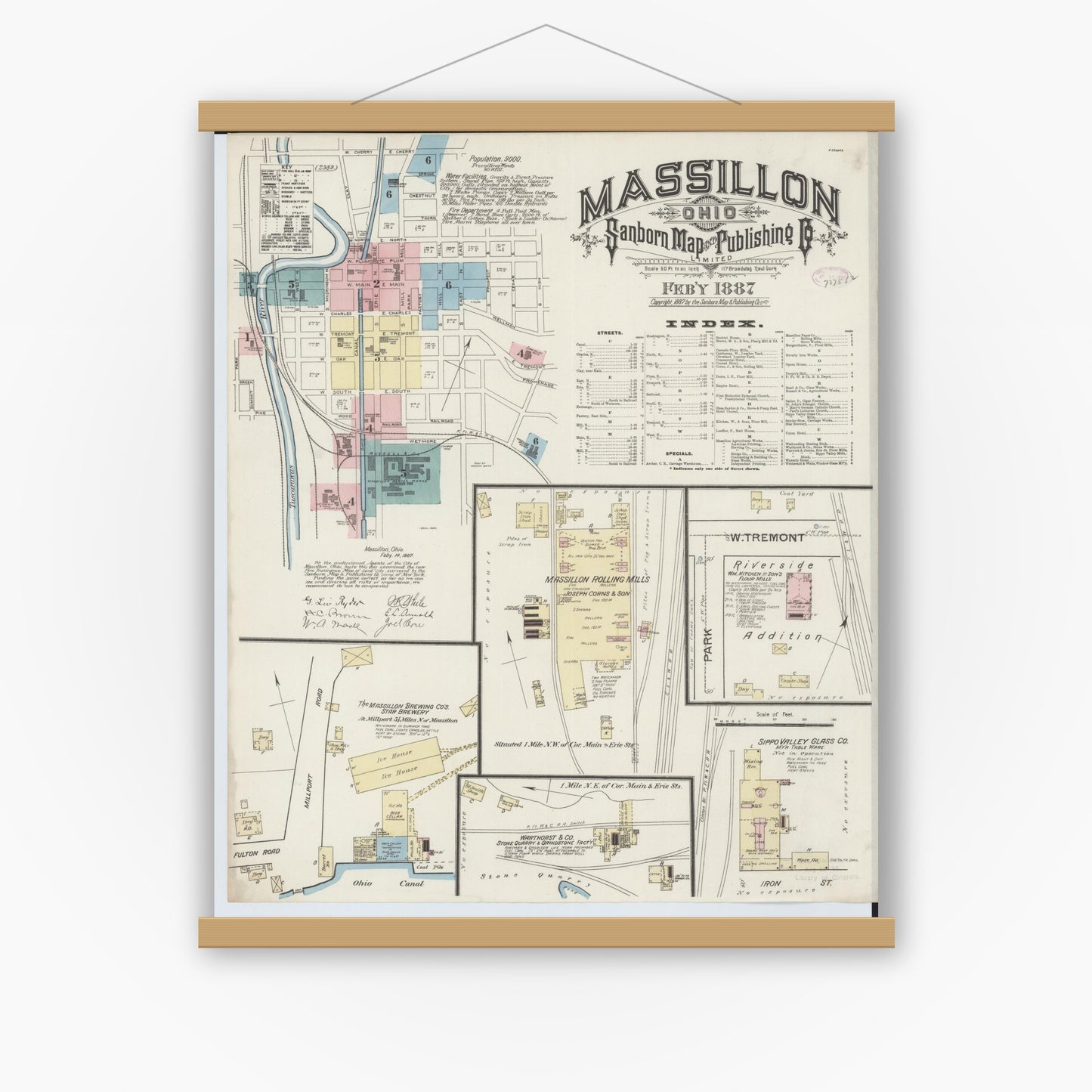 Old map wall art mockup — magnetic wood frame on white wall — Sanborn Fire Insurance Map from Massillon, Stark County, Ohio (1887), Sheet #0001