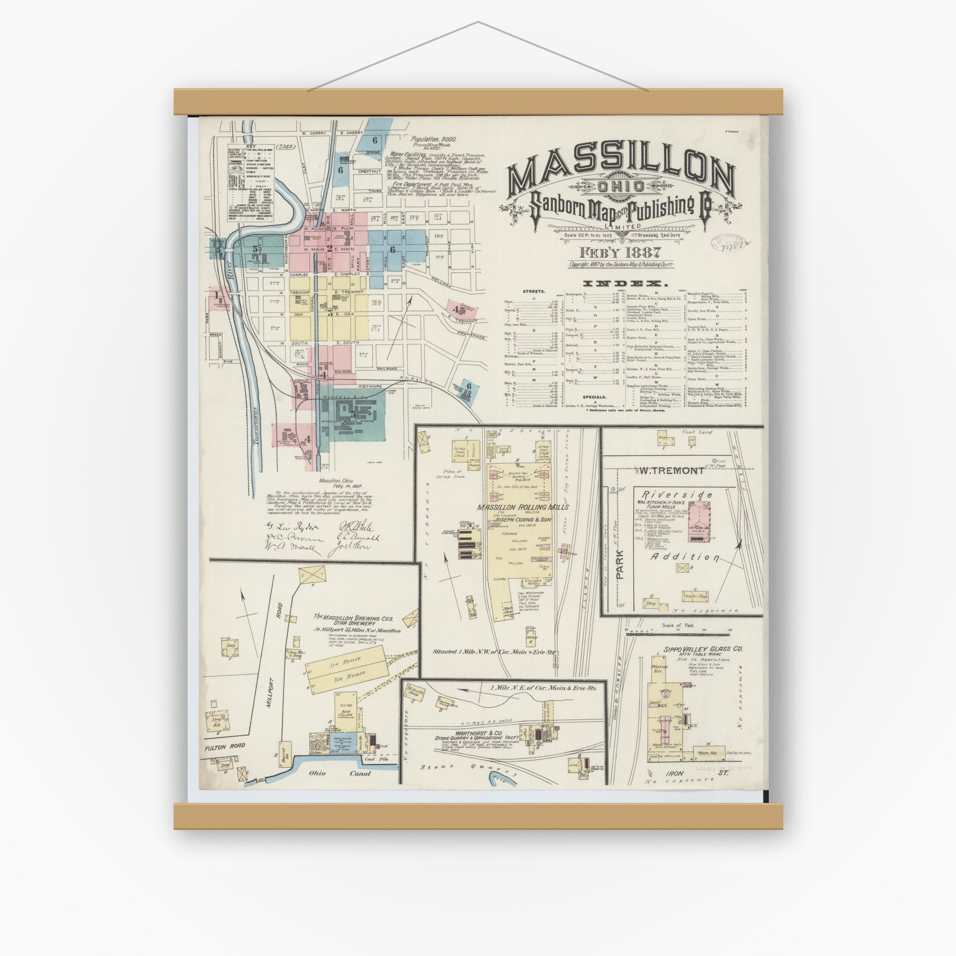 Old map wall art mockup — magnetic wood frame on white wall — Sanborn Fire Insurance Map from Massillon, Stark County, Ohio (1887), Sheet #0001