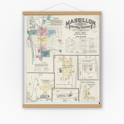 Old map wall art mockup — magnetic wood frame on white wall — Sanborn Fire Insurance Map from Massillon, Stark County, Ohio (1887), Sheet #0001
