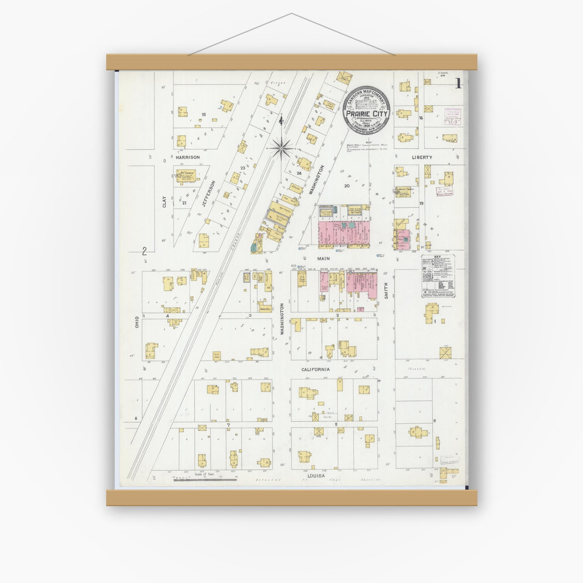 Old map wall art mockup — magnetic wood frame on white wall — Sanborn Fire Insurance Map from Prairie City, Mcdonough County, Illinois (1906) - Complete Map Set