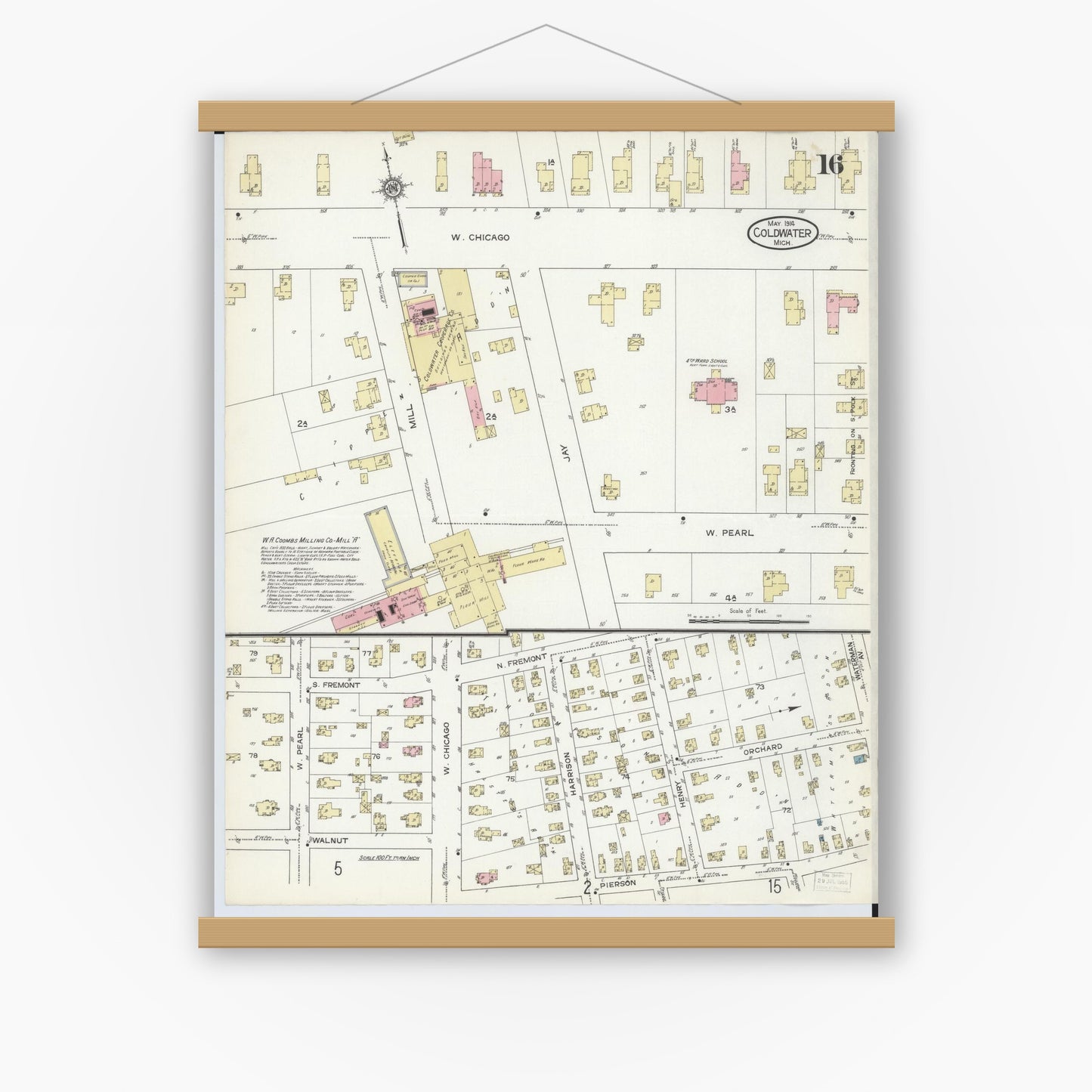 Old map wall art mockup — magnetic wood frame on white wall — Sanborn Fire Insurance Map from Coldwater, Branch County, Michigan (1914), Sheet #0016
