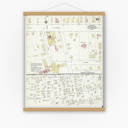 Old map wall art mockup — magnetic wood frame on white wall — Sanborn Fire Insurance Map from Coldwater, Branch County, Michigan (1914), Sheet #0016