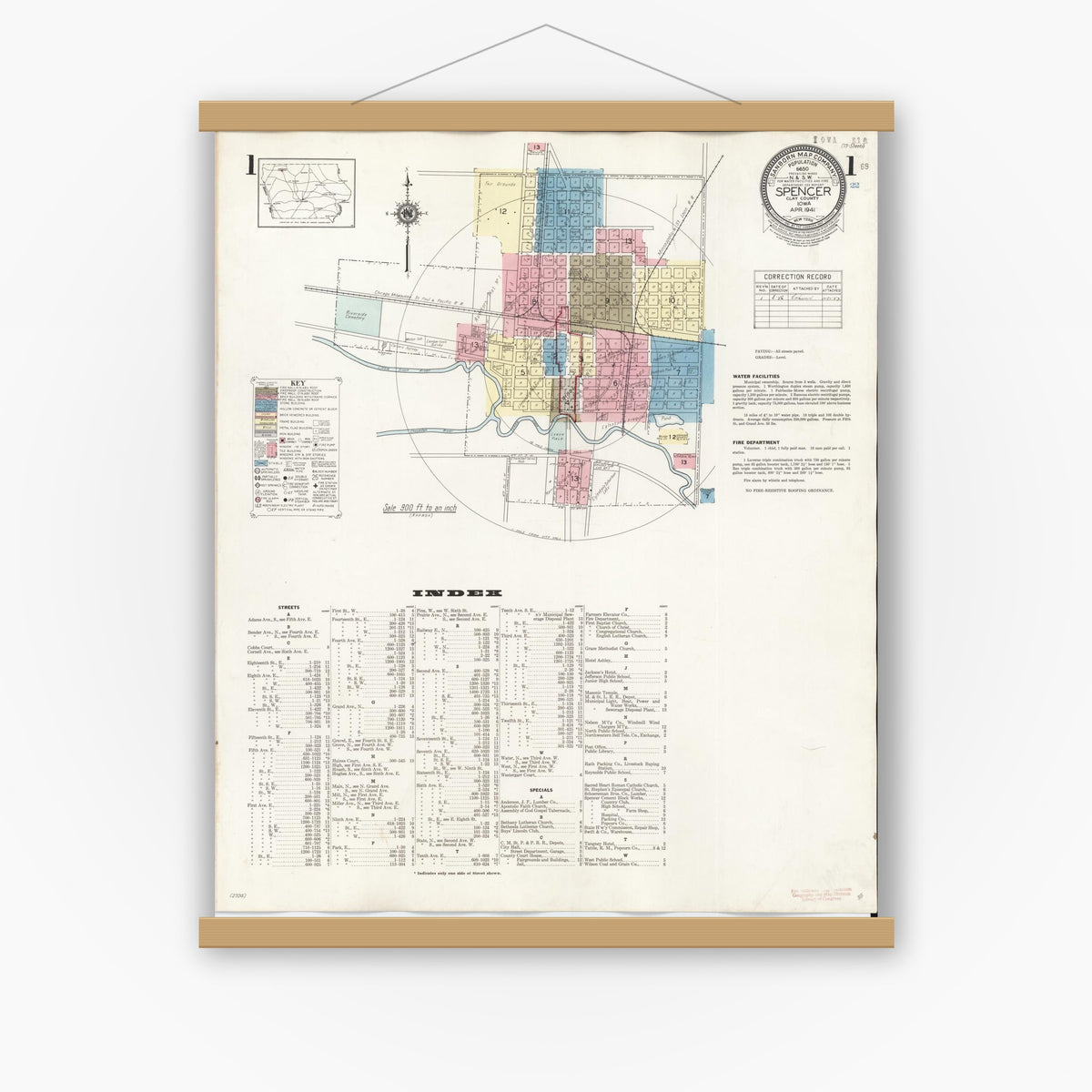 Old map wall art mockup — magnetic wood frame on white wall — Sanborn Fire Insurance Map from Spencer, Clay County, Iowa (1946), Sheet #0001