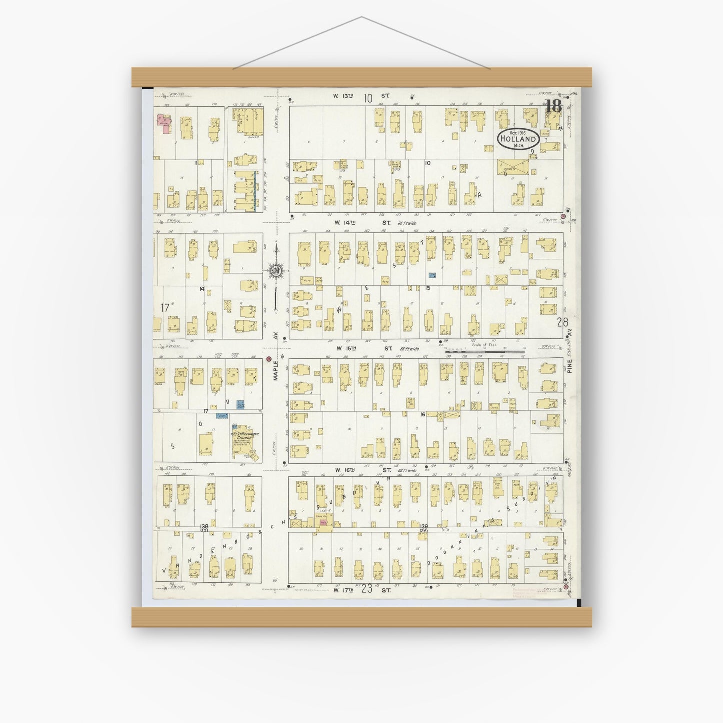 Old map wall art mockup — magnetic wood frame on white wall — Sanborn Fire Insurance Map from Holland, Ottawa County, Michigan (1916), Sheet #0018