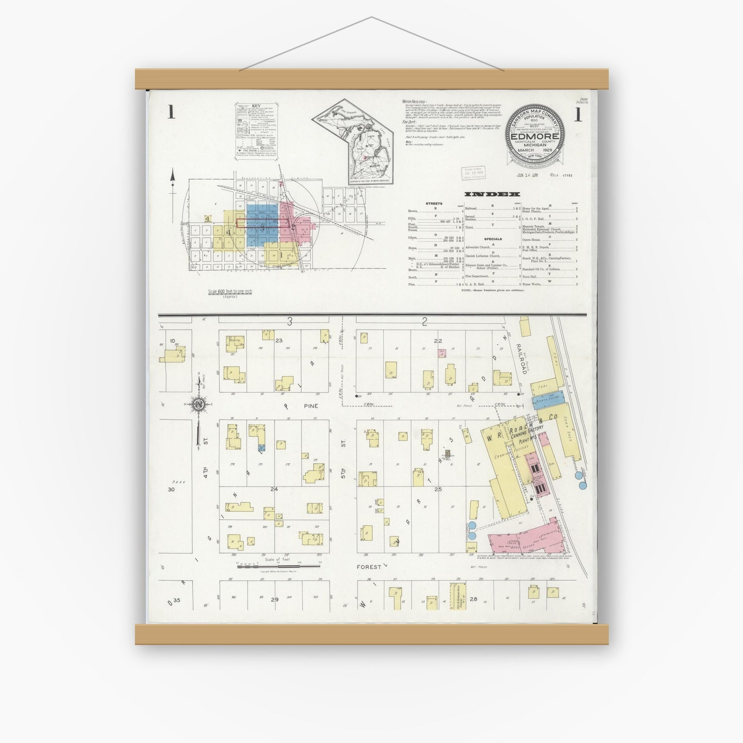 Old map wall art mockup — magnetic wood frame on white wall — Sanborn Fire Insurance Map from Edmore, Montcalm County, Michigan (1929), Sheet #0001