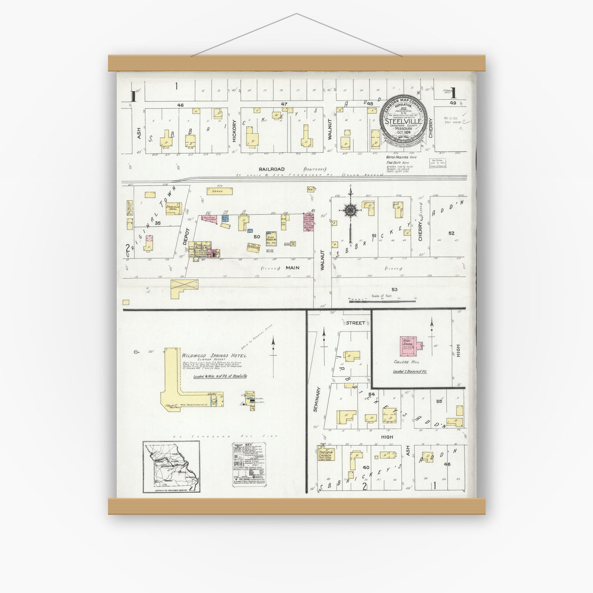 Old map wall art mockup — magnetic wood frame on white wall — Sanborn Fire Insurance Map from Steelville, Crawford County, Missouri (1924), Sheet #0001