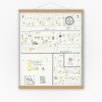 Old map wall art mockup — magnetic wood frame on white wall — Sanborn Fire Insurance Map from Steelville, Crawford County, Missouri (1924), Sheet #0001