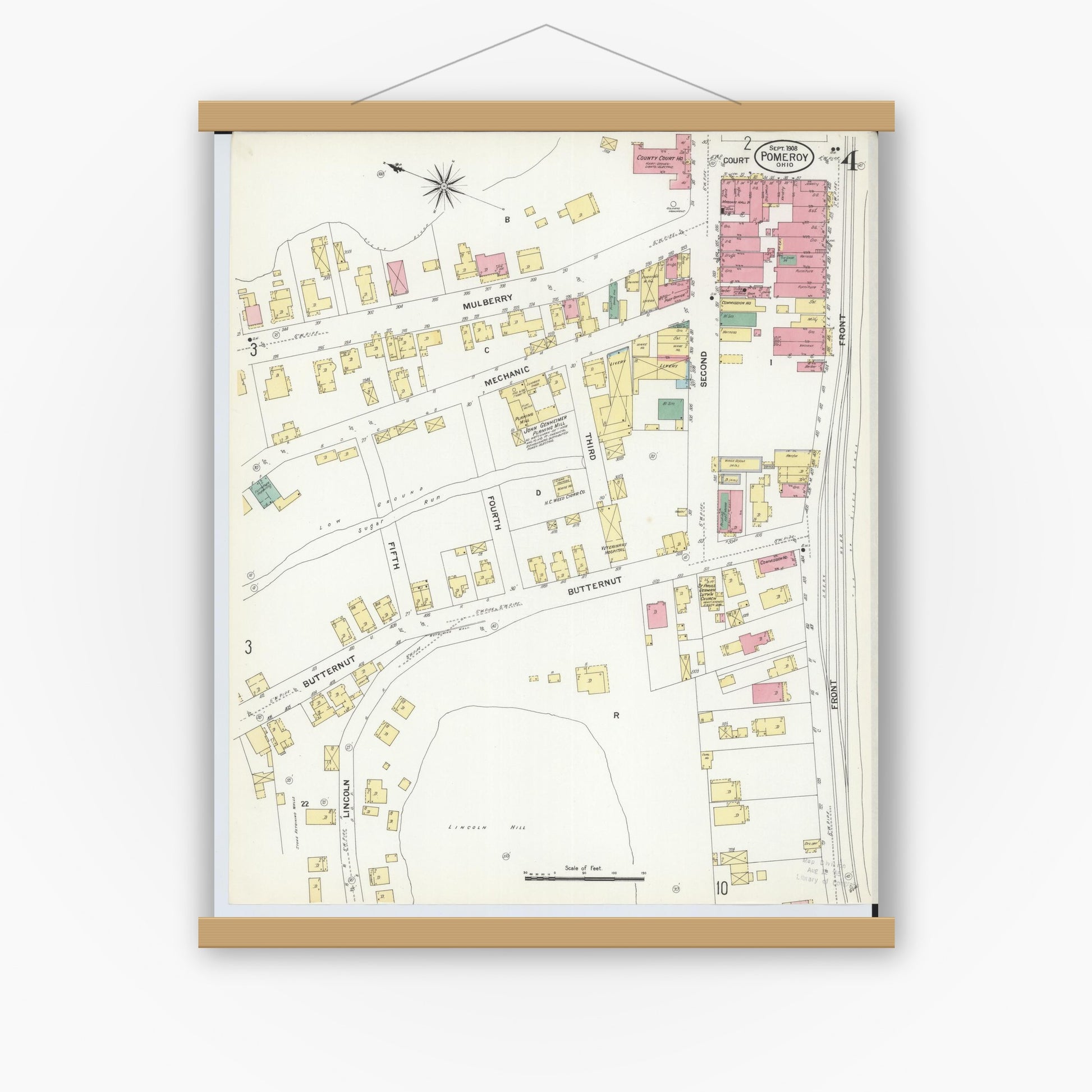 Old map wall art mockup — magnetic wood frame on white wall — Sanborn Fire Insurance Map from Pomeroy, Meigs County, Ohio (1908), Sheet #0004