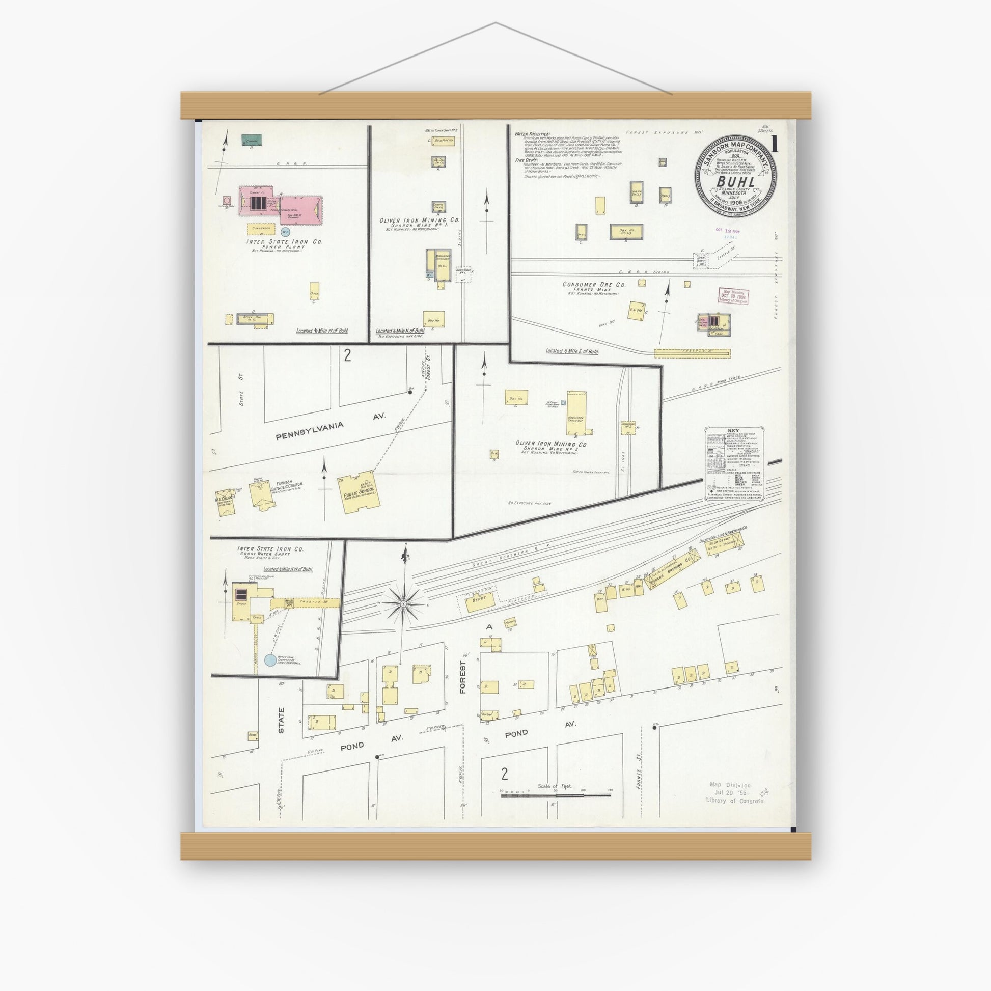 Old map wall art mockup — magnetic wood frame on white wall — Sanborn Fire Insurance Map from Buhl, Saint Louis County, Minnesota (1909), Sheet #0001