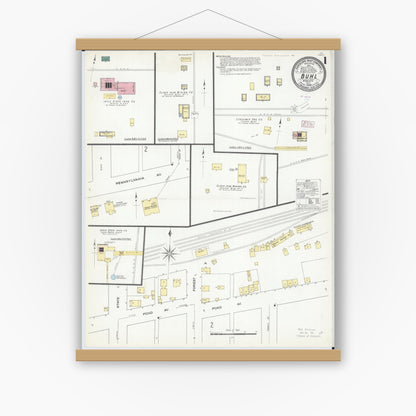 Old map wall art mockup — magnetic wood frame on white wall — Sanborn Fire Insurance Map from Buhl, Saint Louis County, Minnesota (1909), Sheet #0001