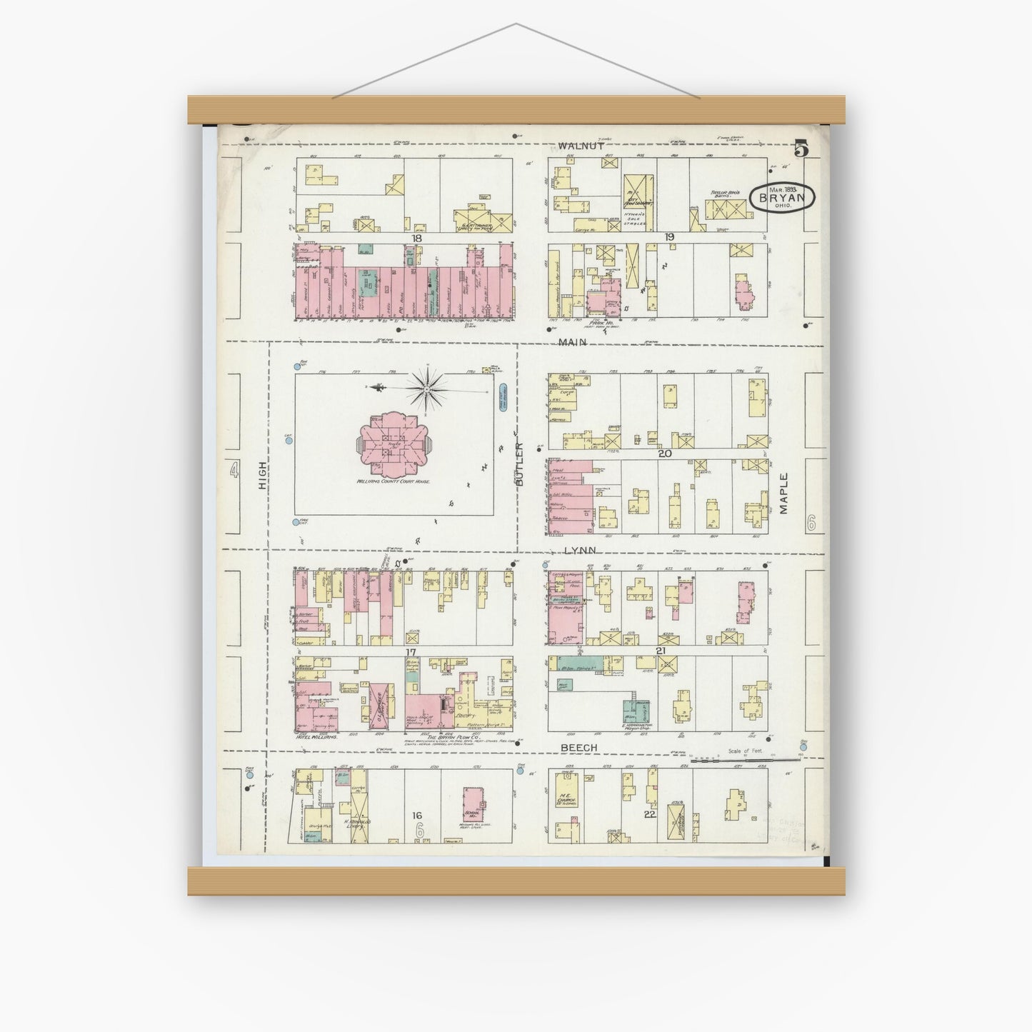 Old map wall art mockup — magnetic wood frame on white wall — Sanborn Fire Insurance Map from Bryan, Williams County, Ohio (1893), Sheet #0005