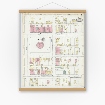 Old map wall art mockup — magnetic wood frame on white wall — Sanborn Fire Insurance Map from Bryan, Williams County, Ohio (1893), Sheet #0005