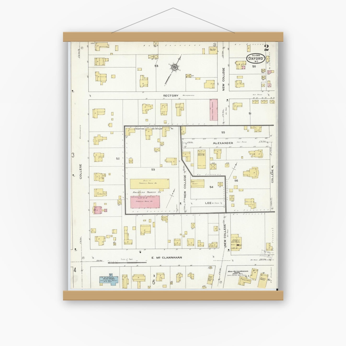 Old map wall art mockup — magnetic wood frame on white wall — Sanborn Fire Insurance Map from Oxford, Granville County, North Carolina (1909), Sheet #0002