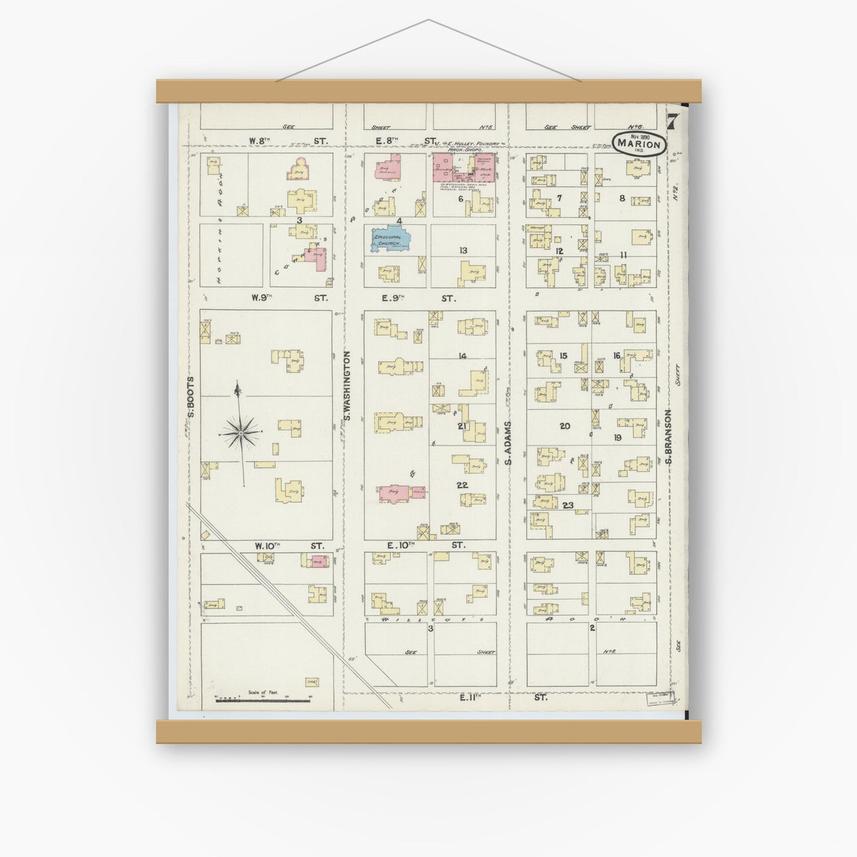 Old map wall art mockup — magnetic wood frame on white wall — Sanborn Fire Insurance Map from Marion, Grant County, Indiana (1890), Sheet #0007