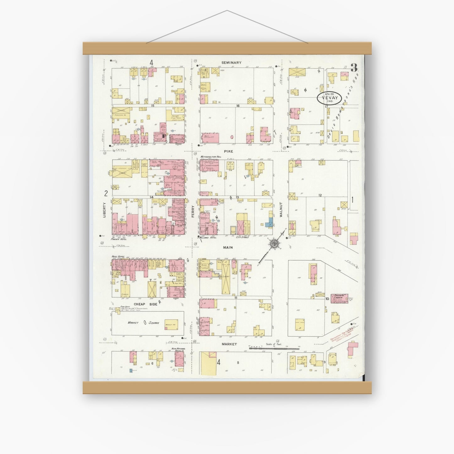 Old map wall art mockup — magnetic wood frame on white wall — Sanborn Fire Insurance Map from Vevay, Switzerland County, Indiana (1911), Sheet #0003
