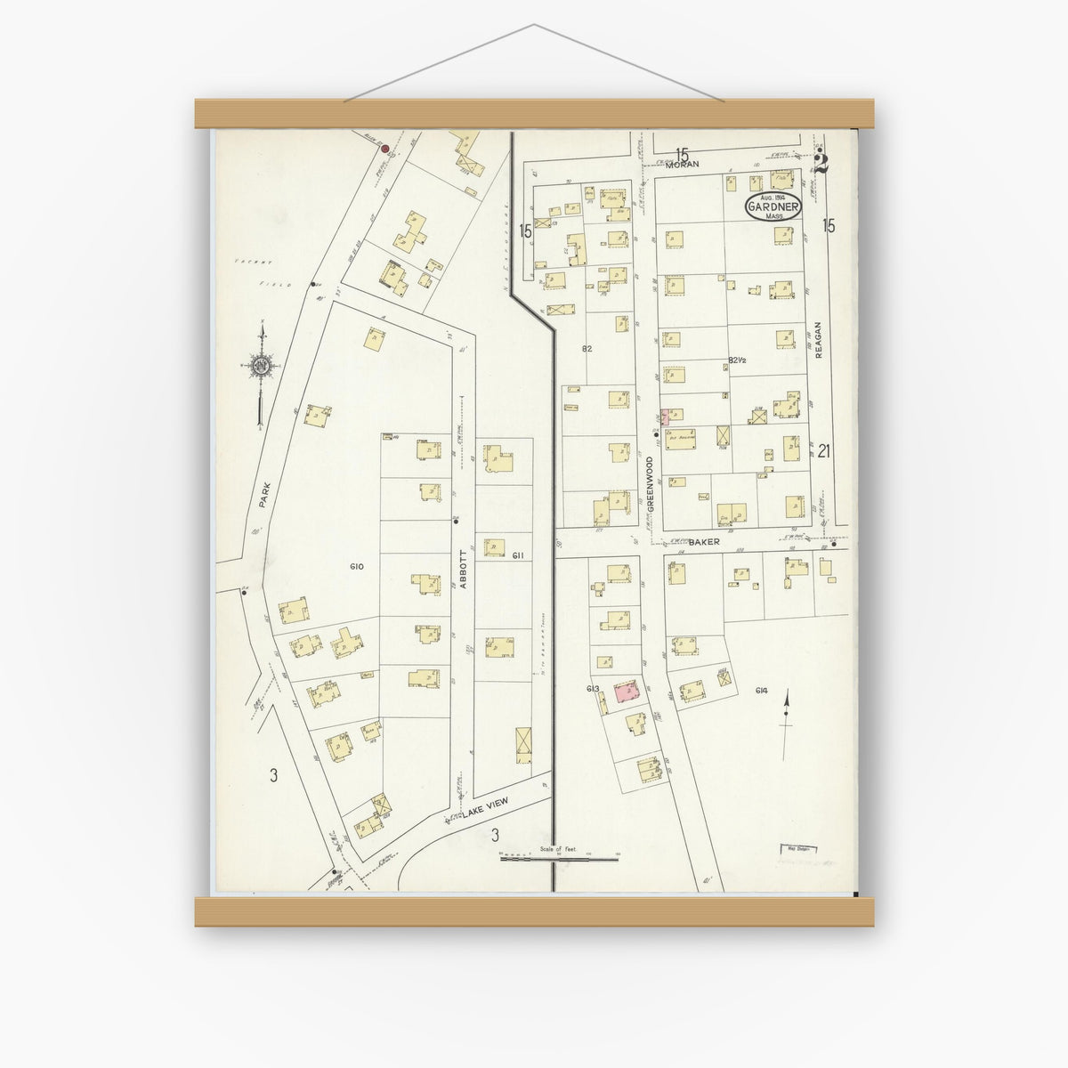 Old map wall art mockup — magnetic wood frame on white wall — Sanborn Fire Insurance Map from Gardner, Worcester County, Massachusetts (1914), Sheet #0002