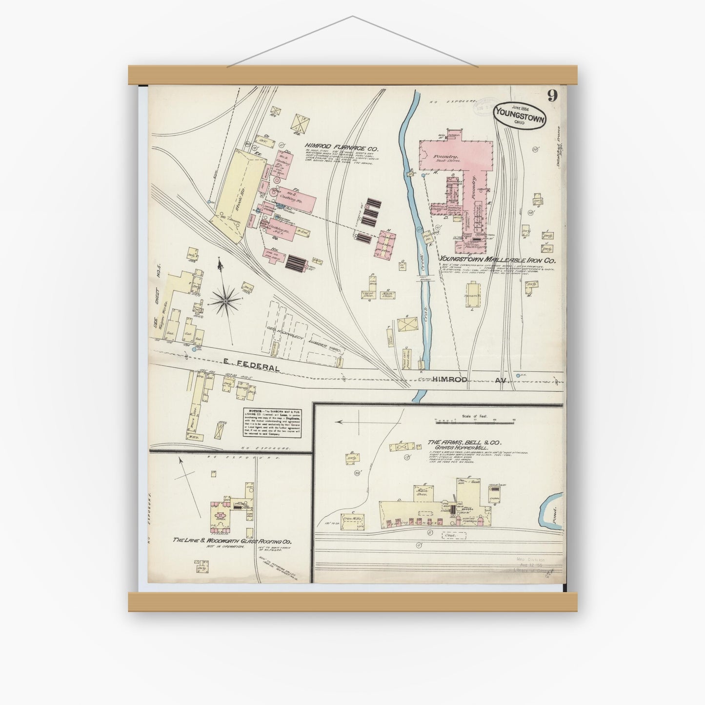 Old map wall art mockup — magnetic wood frame on white wall — Sanborn Fire Insurance Map from Youngstown, Mahoning County, Ohio (1884), Sheet #0009