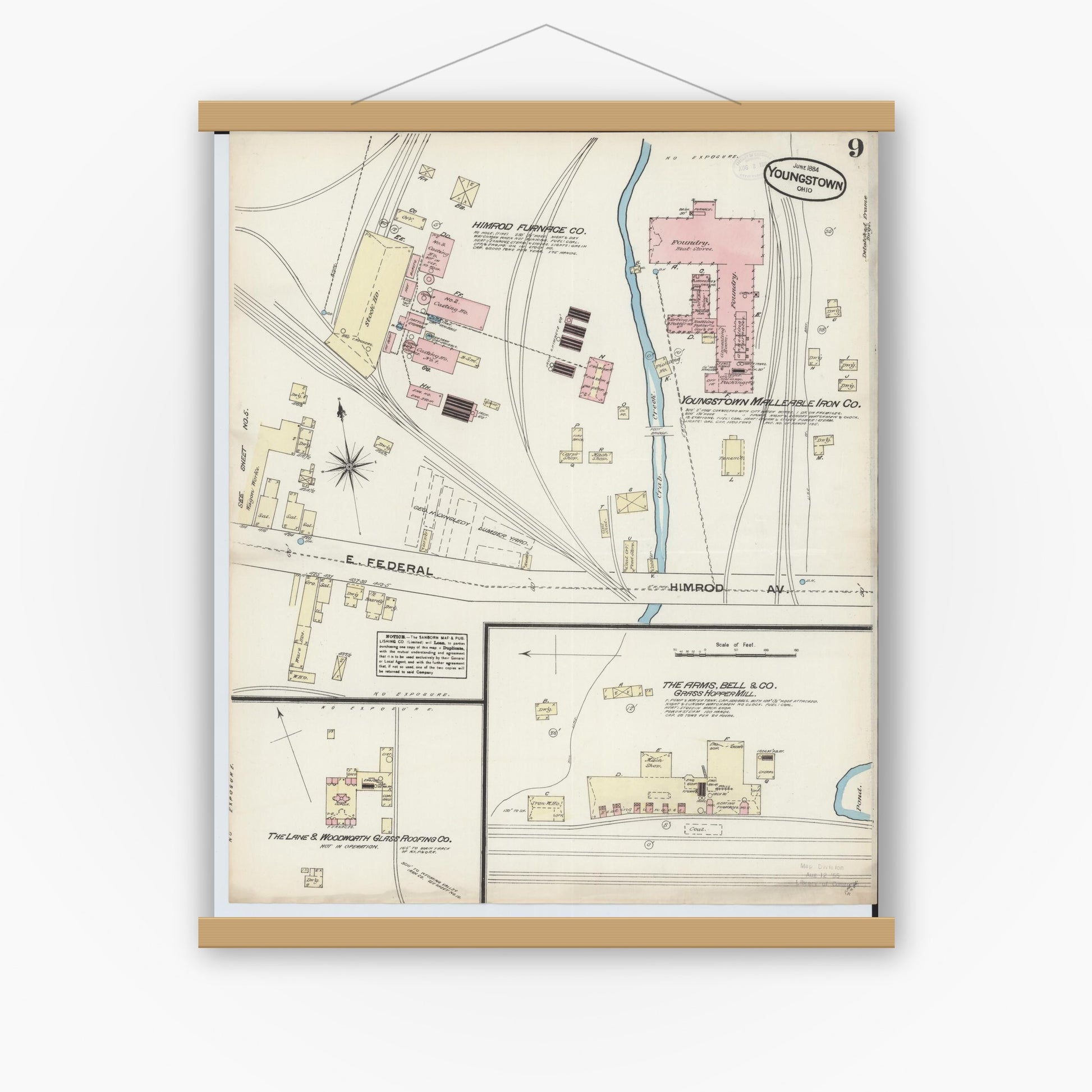 Old map wall art mockup — magnetic wood frame on white wall — Sanborn Fire Insurance Map from Youngstown, Mahoning County, Ohio (1884), Sheet #0009