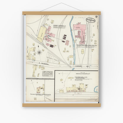 Old map wall art mockup — magnetic wood frame on white wall — Sanborn Fire Insurance Map from Youngstown, Mahoning County, Ohio (1884), Sheet #0009