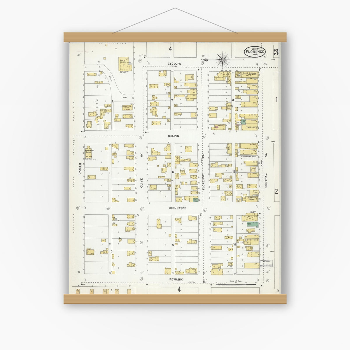 Old map wall art mockup — magnetic wood frame on white wall — Sanborn Fire Insurance Map from Florence, Florence County, Wisconsin (1904), Sheet #0003