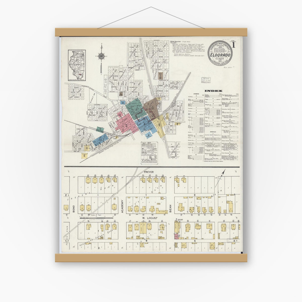 Old map wall art mockup — magnetic wood frame on white wall — Sanborn Fire Insurance Map from Eldorado, Saline County, Illinois (1919) - Complete Map Set