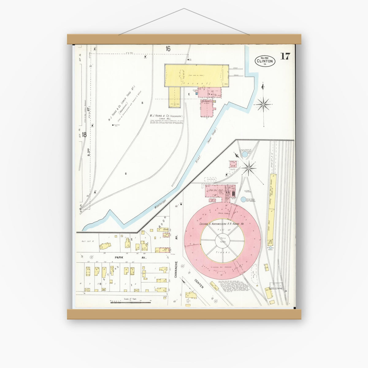 Old map wall art mockup — magnetic wood frame on white wall — Sanborn Fire Insurance Map from Clinton, Clinton County, Iowa (1902), Sheet #0017