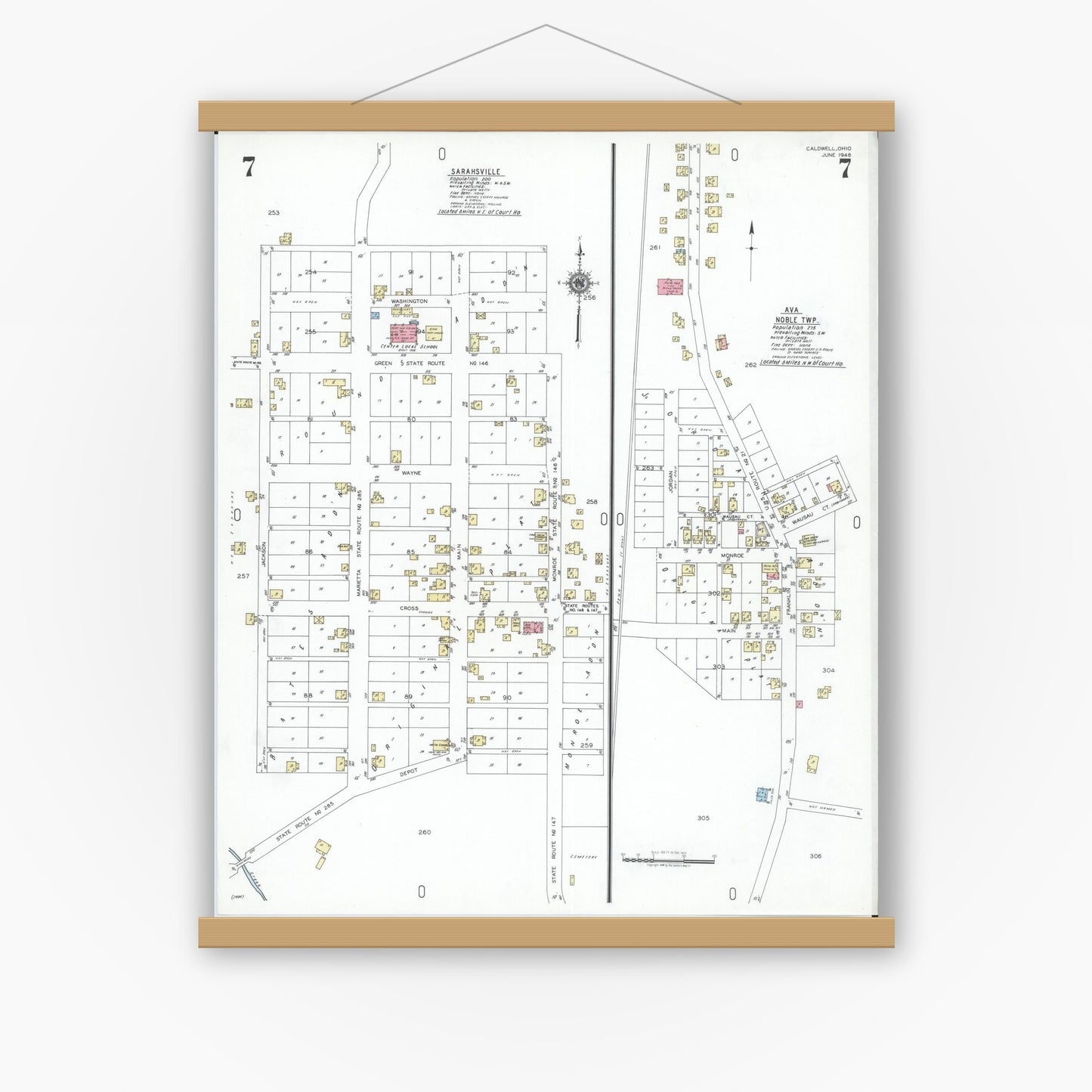 Old map wall art mockup — magnetic wood frame on white wall — Sanborn Fire Insurance Map from Caldwell, Noble County, Ohio (1948), Sheet #0007
