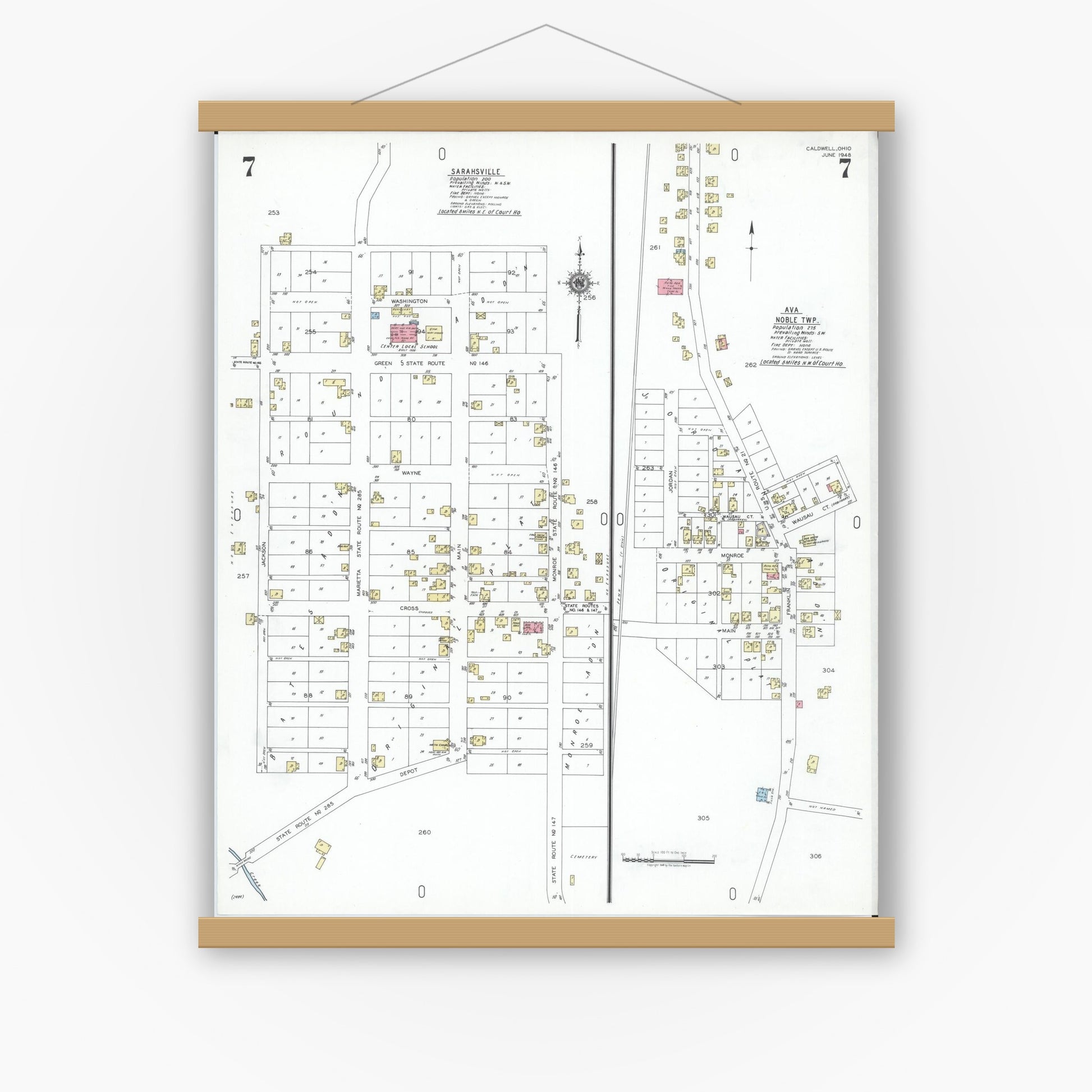 Old map wall art mockup — magnetic wood frame on white wall — Sanborn Fire Insurance Map from Caldwell, Noble County, Ohio (1948), Sheet #0007