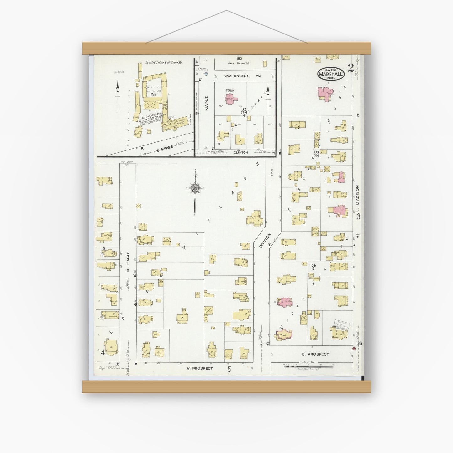 Old map wall art mockup — magnetic wood frame on white wall — Sanborn Fire Insurance Map from Marshall, Calhoun County, Michigan (1916), Sheet #0002