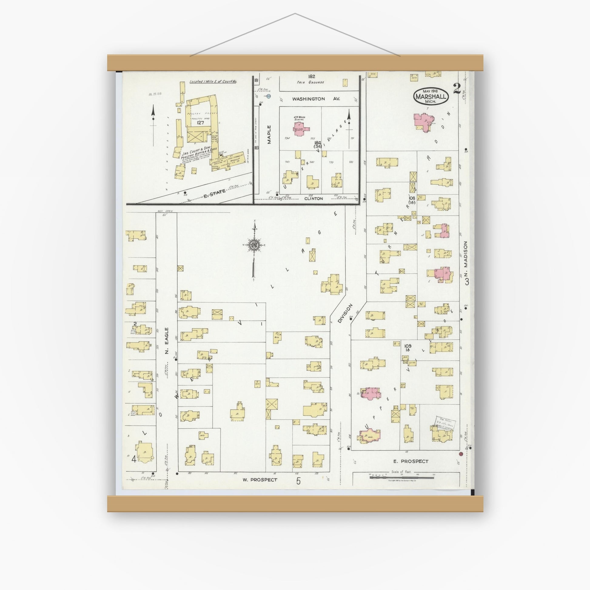 Old map wall art mockup — magnetic wood frame on white wall — Sanborn Fire Insurance Map from Marshall, Calhoun County, Michigan (1916), Sheet #0002