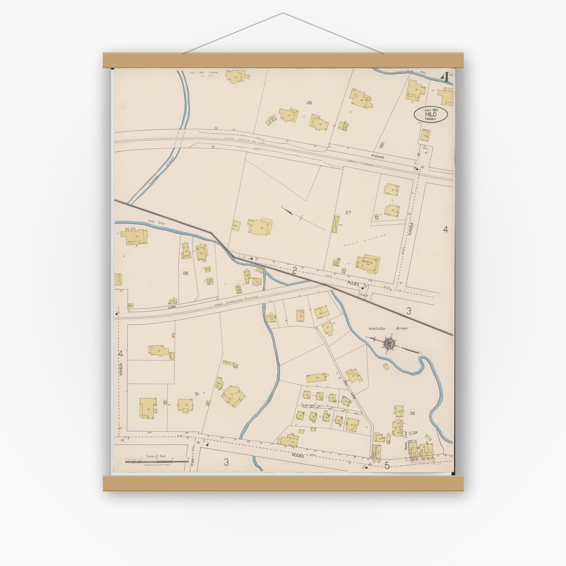 Old map wall art mockup — magnetic wood frame on white wall — Sanborn Fire Insurance Map from Hilo, Hawaii County, Hawaii (1921), Sheet #0004