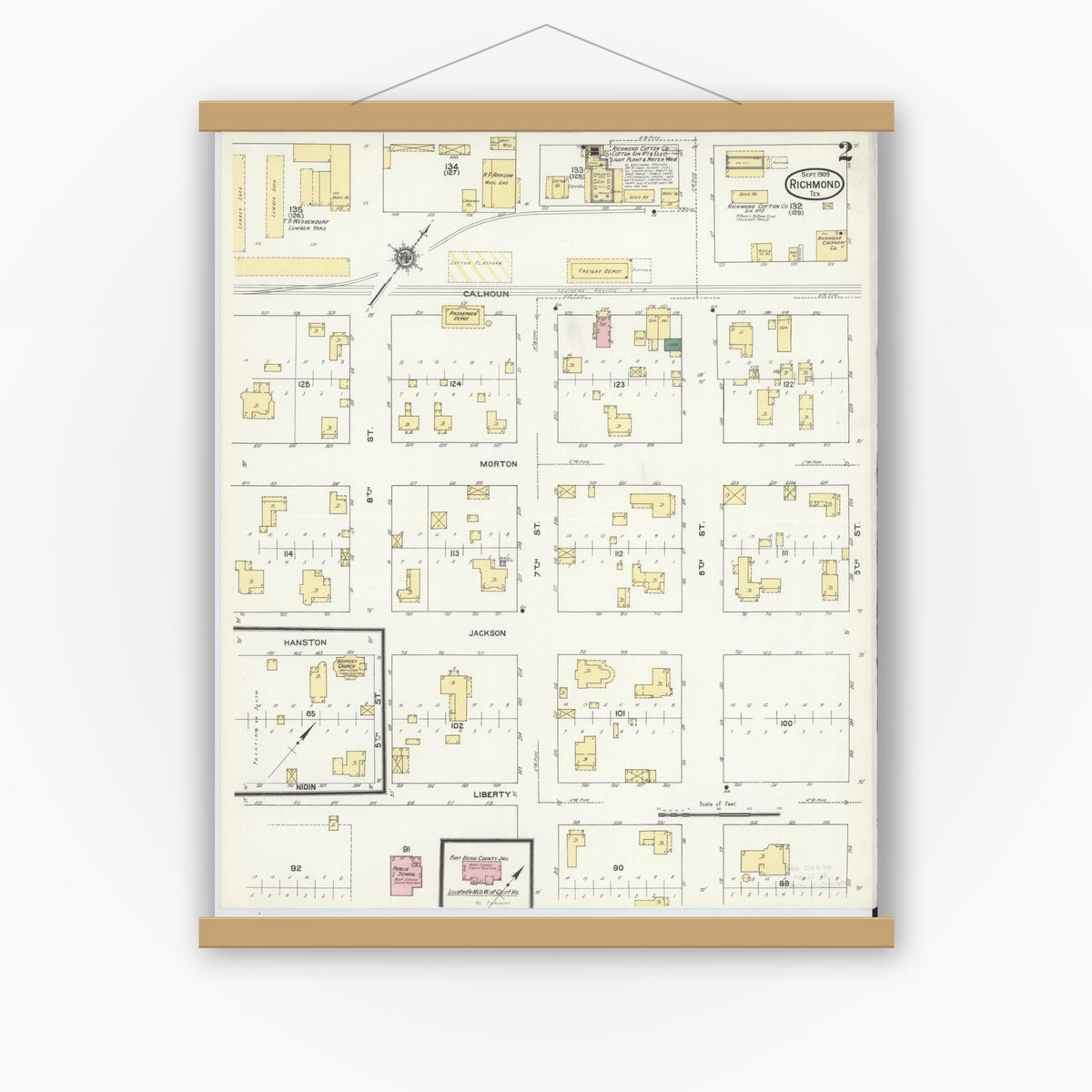 Old map wall art mockup — magnetic wood frame on white wall — Sanborn Fire Insurance Map from Richmond, Fort Bend County, Texas (1909), Sheet #0002
