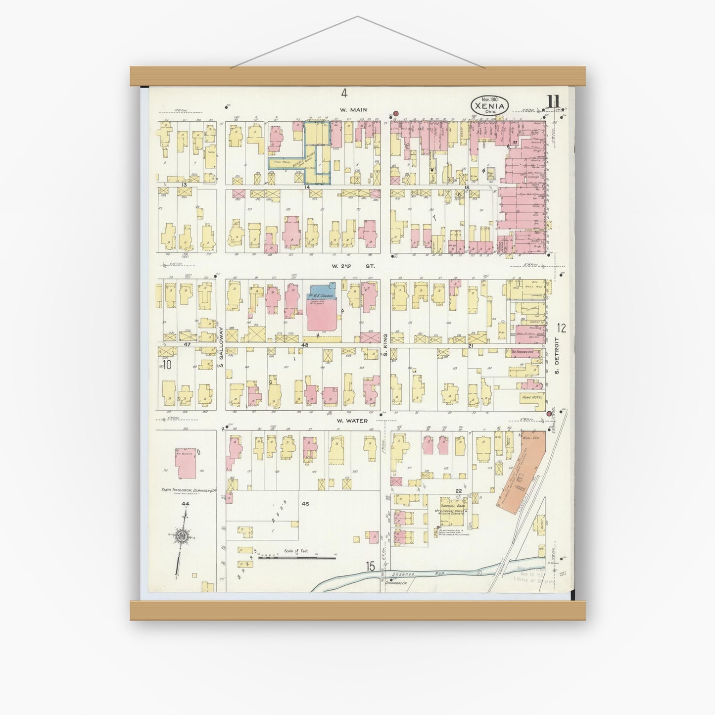 Old map wall art mockup — magnetic wood frame on white wall — Sanborn Fire Insurance Map from Xenia, Greene County, Ohio (1910), Sheet #0011