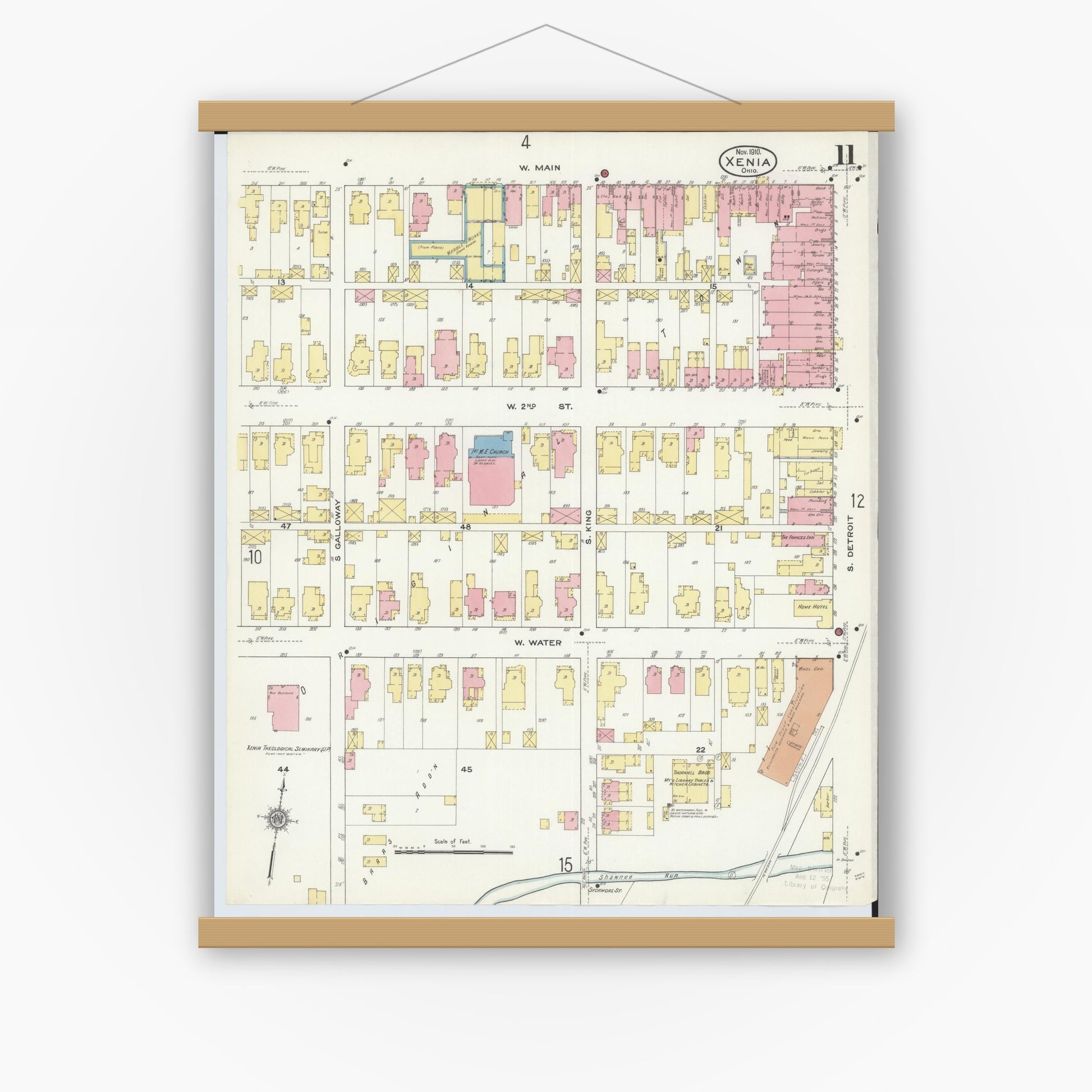 Old map wall art mockup — magnetic wood frame on white wall — Sanborn Fire Insurance Map from Xenia, Greene County, Ohio (1910), Sheet #0011