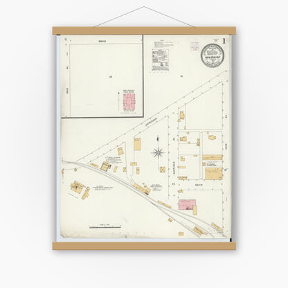 Old map wall art mockup — magnetic wood frame on white wall — Sanborn Fire Insurance Map from New Carlisle, Clarke County, Ohio (1906), Sheet #0001