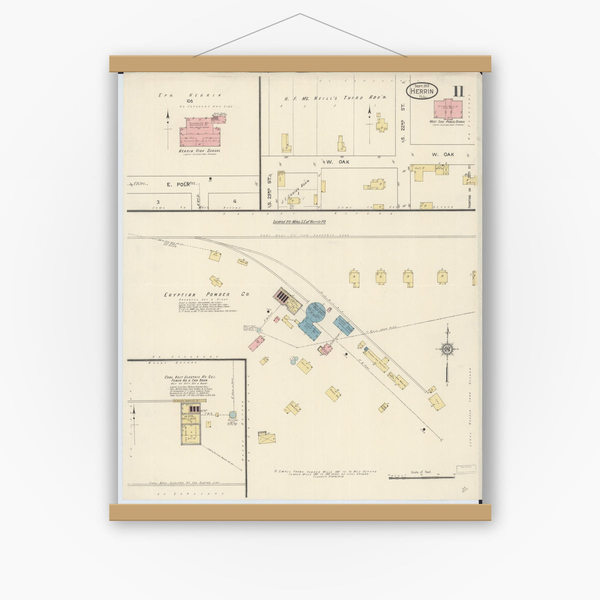 Old map wall art mockup — magnetic wood frame on white wall — Sanborn Fire Insurance Map from Herrin, Williamson County, Illinois (1913), Sheet #0011