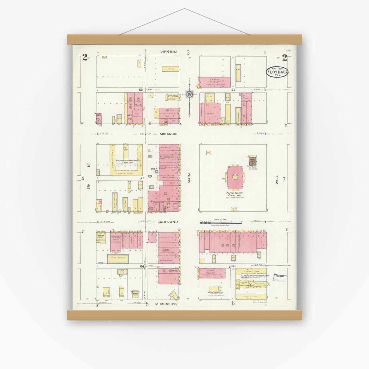 Old map wall art mockup — magnetic wood frame on white wall — Sanborn Fire Insurance Map from Floydada, Floyd County, Texas (1925), Sheet #0002