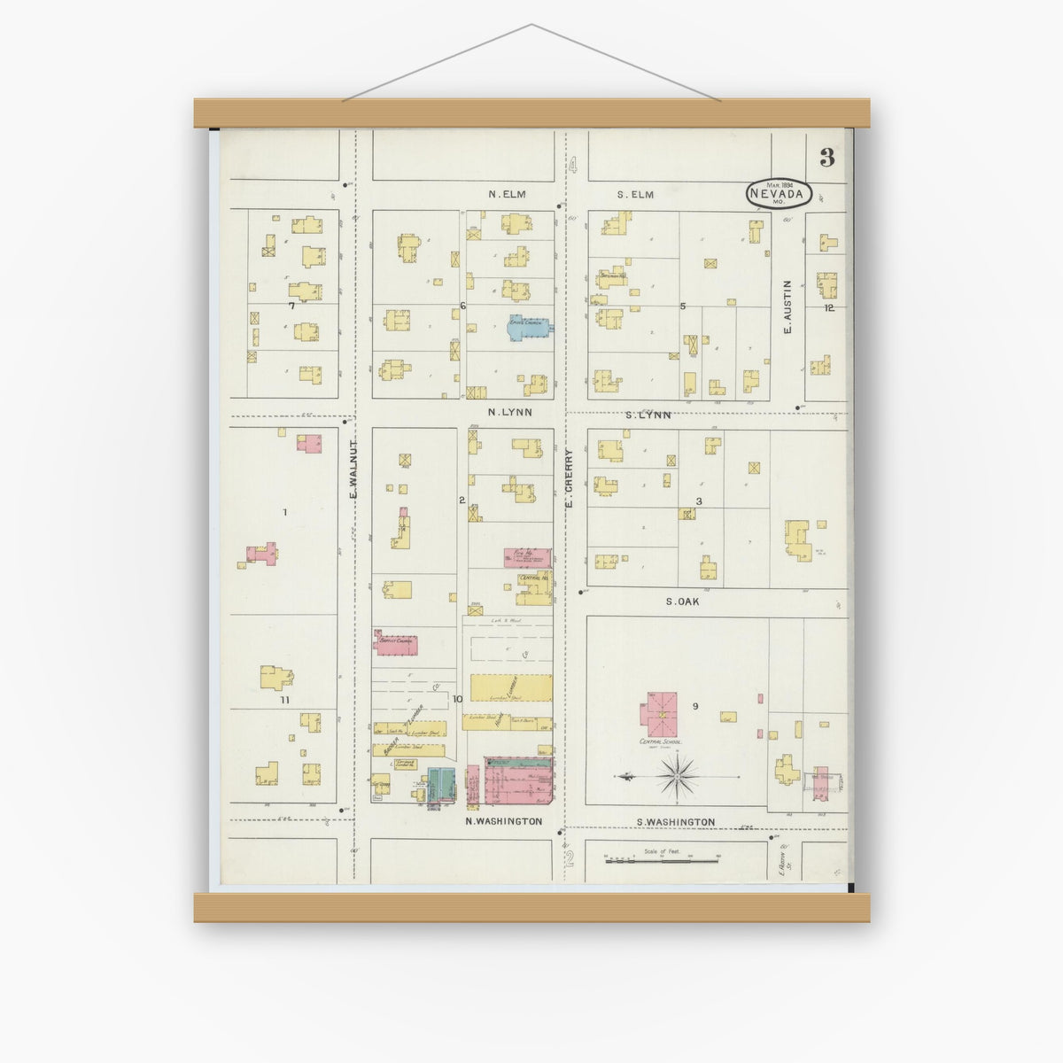 Old map wall art mockup — magnetic wood frame on white wall — Sanborn Fire Insurance Map from Nevada, Vernon County, Missouri (1894), Sheet #0003